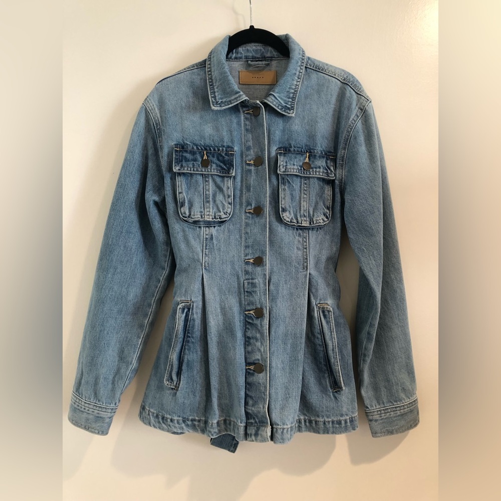 Blank NYC Left On Read Denim Jean Jacket Peplum Cropped Trench Belted Small - Picture 6 of 9
